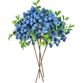 HUIANER Artificial Berries, 4 PCS Christmas Simulation Flowers Lifelike Blueberry with Stems Fake Fruit Blueberries for Wedding DIY Bridal Bouquet Home Kitchen Party Decoration(Blue)