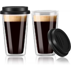 Double Walled Glass Coffee Mugs with Silicone Lids,12 OZ 2 Packs Insulated Drinking Coffee Cups with Lids, Dishwasher Safe Reusable Glass Iced Coffee Cups for Morning Coffee, Hot or Cold Drink