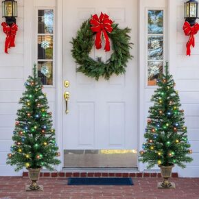 Set of 2 Halloween Black Trees with 100 Orange Lights 4FT Artificial Urn Potted Porch Christmas Tree Battery Powered with Timer for Indoor Outdoor Halloween Party