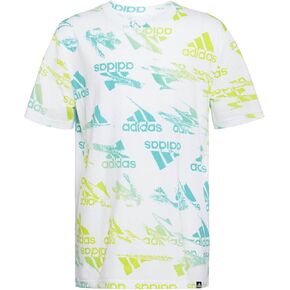adidas Boys’ Glitchy Allover Print T-Shirt (Small, White/Green)
