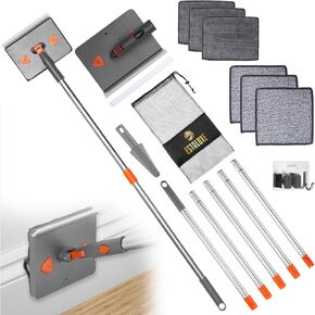 85" Baseboard Cleaner Tool with Handle Stainless Steel Hook | 180° Rotating Convex Design Wall Mop with 6 Reusable Pads | Multifunctional Scrapper, Window, Floor, Ceiling with Extension Poles
