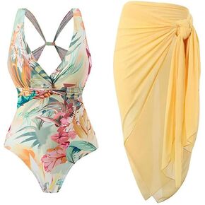 Women's One Piece Swimsuit with Beach Cover Up Retro Floral Print Bikini Set 2Pc Bathing Suits for Womens Yellow
