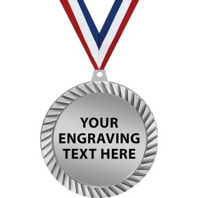 2.5" Silver Diamond Cut Engraving Medal Award with Neck Ribbon, Custom Free Engraving