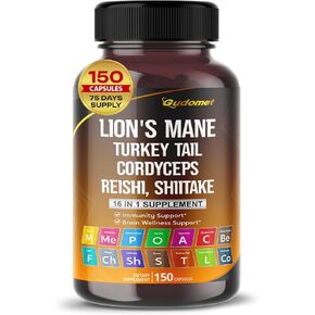 Organic Lion's Mane Turkey Tail Cordyceps Reishi Shiitake Maitake Meshima Poria Cocos Oyster Mushroom Agaricus Chaga Shiitake Snow Mushroom -150 Capsules- Made in USA