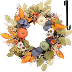 Fall Decor, 18 Inch Fall Wreaths for Front Door Outside, Autumn Maples Leaf Pumpkin Eucalyptus Wreath Fall Decorations for Home Porch Wall Window Thanksgiving Farmhouse Outdoor Indoor