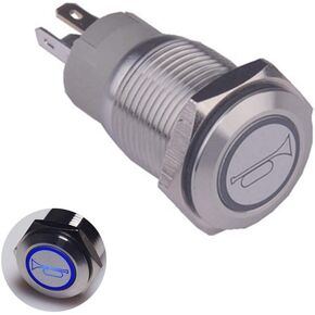 Taien Momentary Pushbutton Switch Horn Symbol 1NO 1NC ON/Off Silver Stainless Steel Shell for 12V Blue LED Light with 16mm 5/8" Mounting Hole