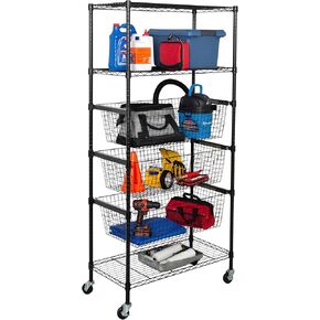 3-Shelf Rolling Adjustable, Heavy Duty Storage Shelving Unit (200 lbs per shelf), Steel Organizer Wire Rack with 3 Pull-Out Baskets (40 lbs per basket), Black, 35.6 in L x 17.9 in W x 73.6 in H
