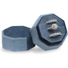 BLUTETE Velvet Ring Box, 3 Slots Jewelry Ring Gift Box Ring Display Holder Case for Wedding Ceremony Proposal Engagement (Dusty Blue)