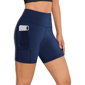 Womens 5" Biker Shorts with Pocket High Waisted Spandex Yoga Shorts Compression Workout Athletic Tummy Control Gym Short Leggings Volleyball Bicycle Run Cycling Exercise Stretchy Tights Navy