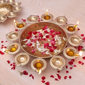 Flower Design Decor Urli Bowl with 12 Diyas, Urli for Home Decor, Urli for Flower Decoration, Housewarming Gifts, Diwali Decoration Bowl, Golden, Pack of 1