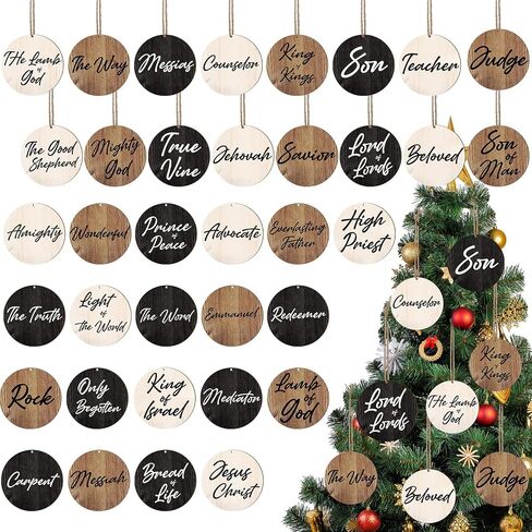 Names of Jesus Wood Christmas Ornaments Christmas Wood Slices with Savior Names Hanging Jesus Christ Ornaments Vintage Church Christmas Tree Decoration Religious Holiday Wedding (Vintage,72 Pcs) in Saudi Arabia