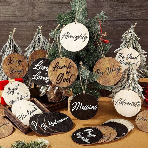 Names of Jesus Wood Christmas Ornaments Christmas Wood Slices with Savior Names Hanging Jesus Christ Ornaments Vintage Church Christmas Tree Decoration Religious Holiday Wedding (Vintage,72 Pcs) in Saudi Arabia