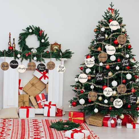 Names of Jesus Wood Christmas Ornaments Christmas Wood Slices with Savior Names Hanging Jesus Christ Ornaments Vintage Church Christmas Tree Decoration Religious Holiday Wedding (Vintage,72 Pcs) in Saudi Arabia