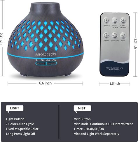550ml Aroma Diffuser with Remote Control Essential oil Diffuser for Large Room Vaporizer Humidifier 18 Hours with 7-Color LED Light Adjustable Mist Modes for Home Office (Dight Wood Grain) in Saudi Arabia