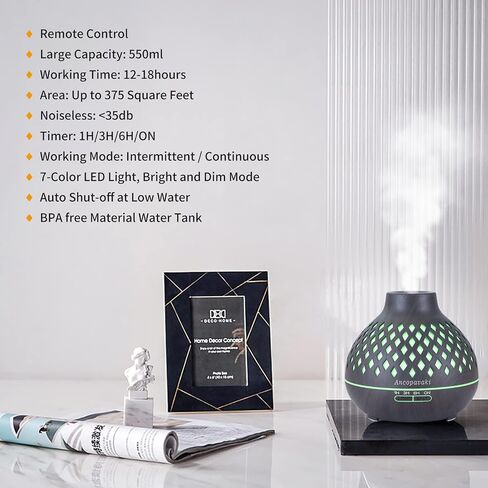 550ml Aroma Diffuser with Remote Control Essential oil Diffuser for Large Room Vaporizer Humidifier 18 Hours with 7-Color LED Light Adjustable Mist Modes for Home Office (Dight Wood Grain) in Saudi Arabia