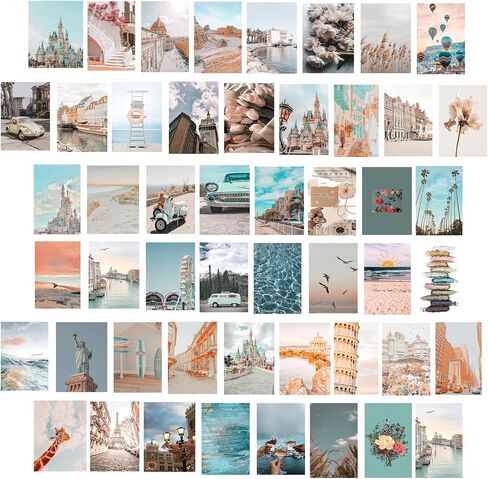 Peach Teal Wall Collage Kit Aesthetic Pictures, 50Pcs 4 x 6 Inch Blue Aesthetic Picture,Summer Beach Collage Print Kit, Trendy Cute Posters for Teen Girls, Photo Collage Kit for Dorm in Saudi Arabia