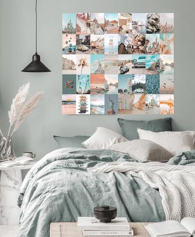Peach Teal Wall Collage Kit Aesthetic Pictures, 50Pcs 4 x 6 Inch Blue Aesthetic Picture,Summer Beach Collage Print Kit, Trendy Cute Posters for Teen Girls, Photo Collage Kit for Dorm in Saudi Arabia