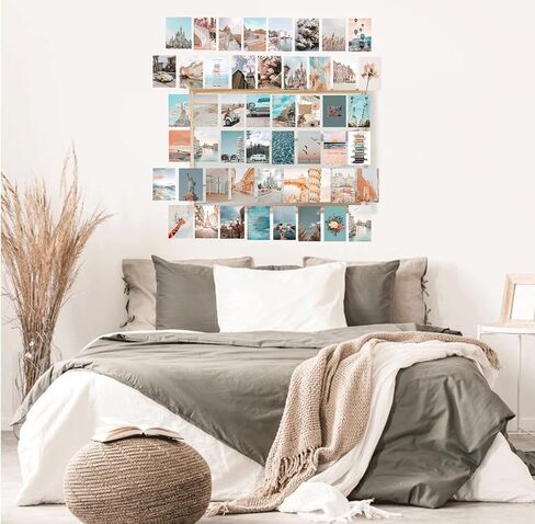 Peach Teal Wall Collage Kit Aesthetic Pictures, 50Pcs 4 x 6 Inch Blue Aesthetic Picture,Summer Beach Collage Print Kit, Trendy Cute Posters for Teen Girls, Photo Collage Kit for Dorm in Saudi Arabia