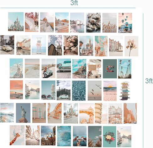 Peach Teal Wall Collage Kit Aesthetic Pictures, 50Pcs 4 x 6 Inch Blue Aesthetic Picture,Summer Beach Collage Print Kit, Trendy Cute Posters for Teen Girls, Photo Collage Kit for Dorm in Saudi Arabia