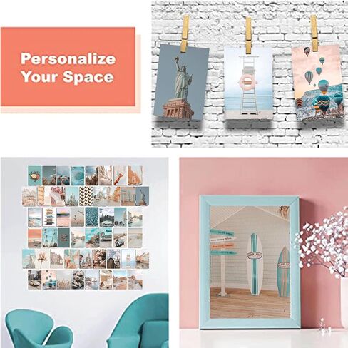 Peach Teal Wall Collage Kit Aesthetic Pictures, 50Pcs 4 x 6 Inch Blue Aesthetic Picture,Summer Beach Collage Print Kit, Trendy Cute Posters for Teen Girls, Photo Collage Kit for Dorm in Saudi Arabia