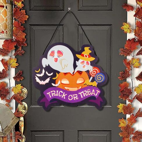 1Pcs LED Halloween Trick or Treat Wooden Door Hanging Sign, Lighted Wall Window Front Door Decor Signs Pumpkin Ghost Decor Halloween Decorations for Indoor Outdoor Wall Home Haunted Party in Saudi Arabia
