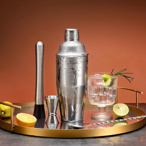 Cocktail Shaker Set Bar Shaker for Bartending – 24oz Martini Shaker w/Built-in Strainer, Muddler, Measuring Jigger, Mixing Spoon | Bartender Shaker Drink Mixer Margarita Tools – Silver in Saudi Arabia