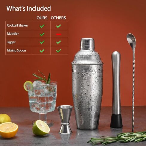 Cocktail Shaker Set Bar Shaker for Bartending – 24oz Martini Shaker w/Built-in Strainer, Muddler, Measuring Jigger, Mixing Spoon | Bartender Shaker Drink Mixer Margarita Tools – Silver in Saudi Arabia