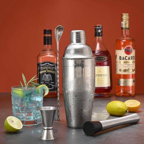 Cocktail Shaker Set Bar Shaker for Bartending – 24oz Martini Shaker w/Built-in Strainer, Muddler, Measuring Jigger, Mixing Spoon | Bartender Shaker Drink Mixer Margarita Tools – Silver in Saudi Arabia