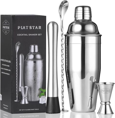 Cocktail Shaker Set Bar Shaker for Bartending – 24oz Martini Shaker w/Built-in Strainer, Muddler, Measuring Jigger, Mixing Spoon | Bartender Shaker Drink Mixer Margarita Tools – Silver in Saudi Arabia