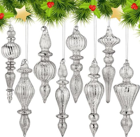 Mifoci 8 Pcs 6 Inch Christmas Finial Ornaments - Vintage Glass Hanging Decor for Holiday Tree (Silver) in Saudi Arabia