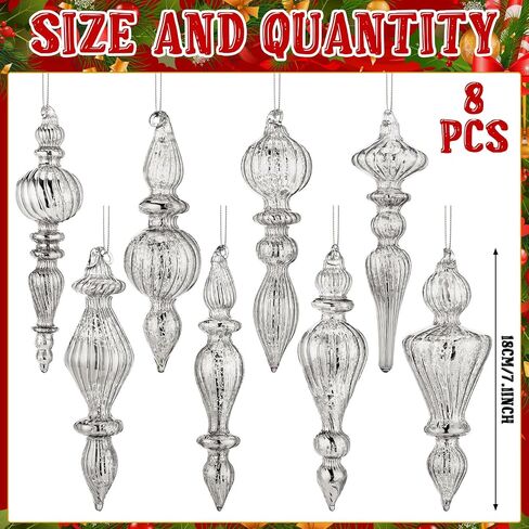 Mifoci 8 Pcs 6 Inch Christmas Finial Ornaments - Vintage Glass Hanging Decor for Holiday Tree (Silver) in Saudi Arabia