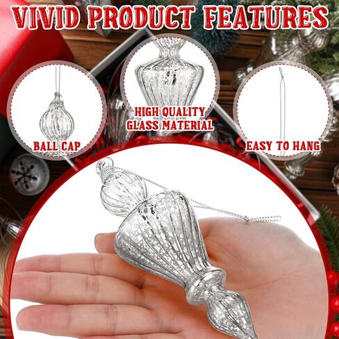 Mifoci 8 Pcs 6 Inch Christmas Finial Ornaments - Vintage Glass Hanging Decor for Holiday Tree (Silver) in Saudi Arabia