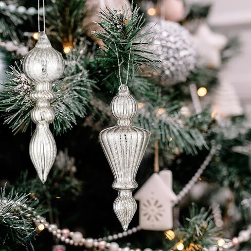 Mifoci 8 Pcs 6 Inch Christmas Finial Ornaments - Vintage Glass Hanging Decor for Holiday Tree (Silver) in Saudi Arabia