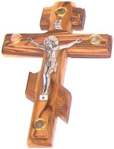 Holy Land Market Small Olive wood Patriarchal three bar Russian Crucifix with samples. (16cm or 6.4 inch) with Certificate in Kuwait
