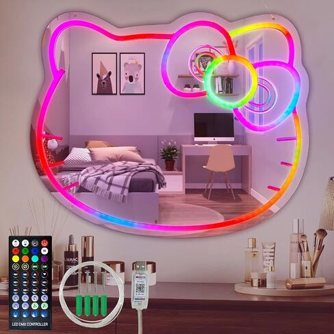 Vanity Mirror with Lights Kitty Mirror Neon Signs for Wall Decor Bathroom Mirror with Remote and App Control Dimmable Music Sync Color Changing Neon Signs for Girls Room Decor Makeup Mirror in Saudi Arabia