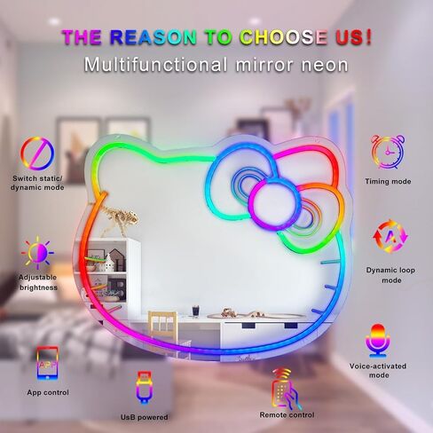 Vanity Mirror with Lights Kitty Mirror Neon Signs for Wall Decor Bathroom Mirror with Remote and App Control Dimmable Music Sync Color Changing Neon Signs for Girls Room Decor Makeup Mirror in Saudi Arabia