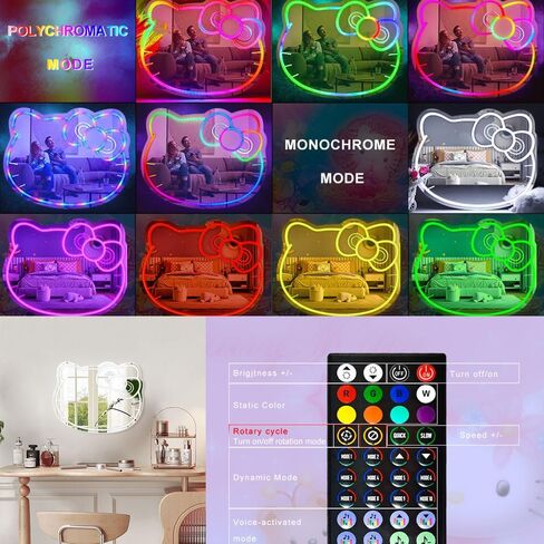 Vanity Mirror with Lights Kitty Mirror Neon Signs for Wall Decor Bathroom Mirror with Remote and App Control Dimmable Music Sync Color Changing Neon Signs for Girls Room Decor Makeup Mirror in Saudi Arabia