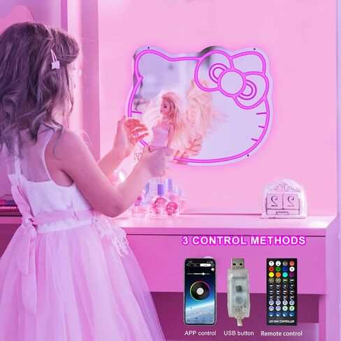 Vanity Mirror with Lights Kitty Mirror Neon Signs for Wall Decor Bathroom Mirror with Remote and App Control Dimmable Music Sync Color Changing Neon Signs for Girls Room Decor Makeup Mirror in Saudi Arabia