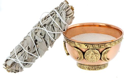 مجموعة تلطيخ المريمية من البديل الخيالي مع وعاء تقديم نحاسي من الرمال البيضاء والقمر الثلاثي - حزمة التطهير الروحي in Kuwait