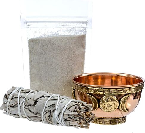 مجموعة تلطيخ المريمية من البديل الخيالي مع وعاء تقديم نحاسي من الرمال البيضاء والقمر الثلاثي - حزمة التطهير الروحي in Kuwait