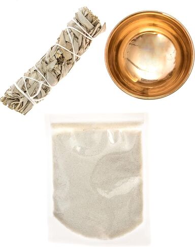 مجموعة تلطيخ المريمية من البديل الخيالي مع وعاء تقديم نحاسي من الرمال البيضاء والقمر الثلاثي - حزمة التطهير الروحي in Kuwait