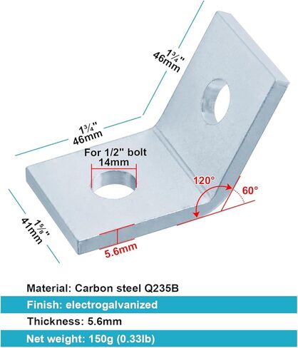 10 عبوات 2 فتحة 60 درجة دعامة زاوية خارجية لـ ½ بوصة في قناة تبختر 1-5/8 بوصة، تركيب زاوية مفتوحة 120 درجة، موصل تأطير دعامة الزاوية، فولاذ مجلفن كهربائيًا، سمك 5.6 مم in Kuwait