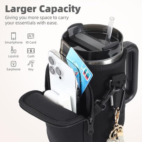 Water Bottle Carrier Bag with Phone Pocket for Stanley 40 oz Tumbler Cup Accessories with Simple Strap for Modern for Quencher Adjustable Carabiner Neoprene Water Bottle Sleeve Holder Pouch in Saudi Arabia