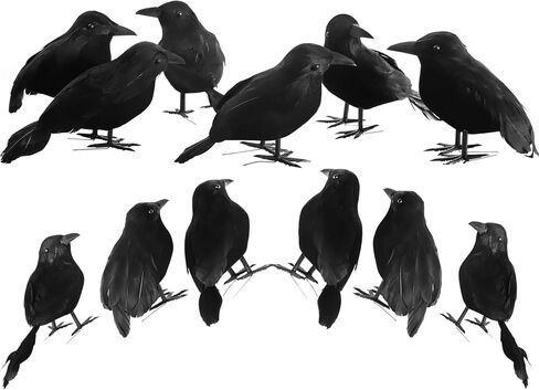 12 Packs Real Feathered Halloween Black Crows, Handmade Realistic Crow with Real Feathers Raven Birds for Yard Tree Garden Patio Indoor Outdoor Halloween Decorations in Saudi Arabia