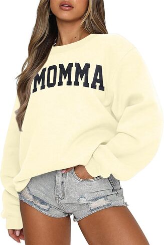 MYHALF المرأة ماما المتضخم Crewneck البلوز: قميص مطرز Momma مضحك أمي رسالة طباعة كم طويل البلوز القمم in Saudi Arabia