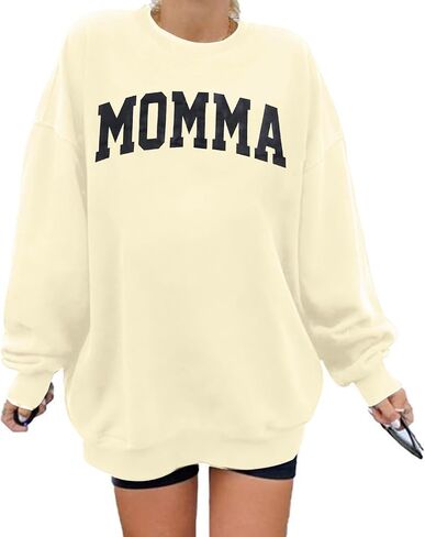 MYHALF المرأة ماما المتضخم Crewneck البلوز: قميص مطرز Momma مضحك أمي رسالة طباعة كم طويل البلوز القمم in Saudi Arabia