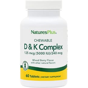 Natures Plus D & K Complex - 60 Mixed Berry Chewables - Supports Calcium Metabolism - Vegetarian, Non-GMO, Gluten Free, Soy Free - 60 Servings