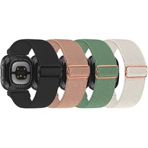 Elastic Nylon Band Compatible with Fitbit Sense / Sense 2 / Versa 3 / Versa 4 for Women Men, 4 Pack Soft Adjustable Stretchy Solo Loop Replacement Strap for Fitbit Sense / Sense 2 / Versa 3 / Versa 4