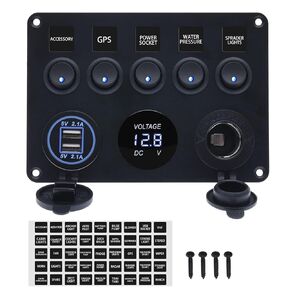Geloo 5 Gang Marine Switch Panel Waterproof, Boat Rocker Switch Panel, 12V Switch Panel, Aluminum Toggle Switches Panel for Car RV Truck with Breaker 4.2A USB Charger Port Digital Voltmeter (Blue)
