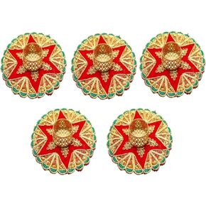 Set of 5 Decorative Mat Rangoli with T-Light Candle Holder Stand for Indian Traditional Cultural Festival Decorations Made up of Golden Embrodaries for Gifting Idea (Red)(Size 5")